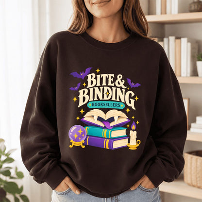 Bite & Binding Booksellers Printed Sweatshirt | Fantasy Reader Gift Dark Chocolate
