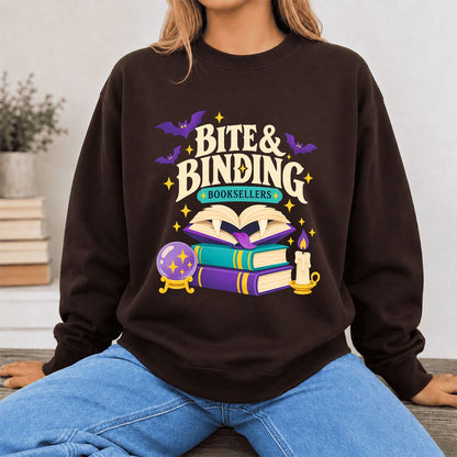 Bite & Binding Booksellers Printed Sweatshirt | Fantasy Reader Gift Dark Chocolate