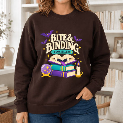 Bite & Binding Booksellers Printed Sweatshirt | Fantasy Reader Gift Dark Chocolate