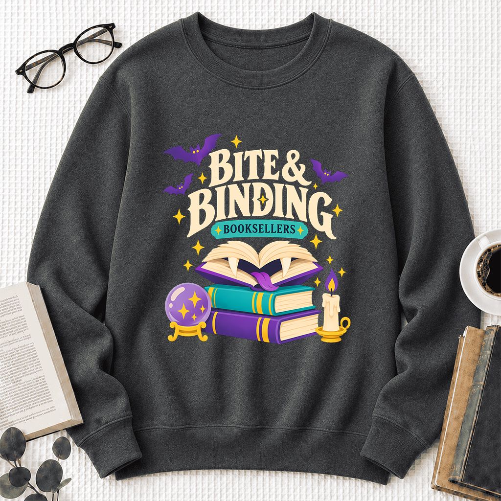 Bite & Binding Booksellers Printed Sweatshirt | Fantasy Reader Gift Dark Heather