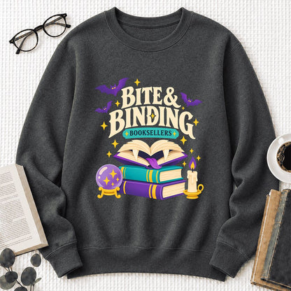 Bite & Binding Booksellers Printed Sweatshirt | Fantasy Reader Gift Dark Heather