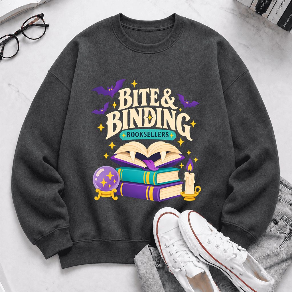 Bite & Binding Booksellers Printed Sweatshirt | Fantasy Reader Gift Dark Heather