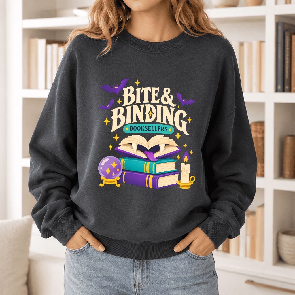 Bite & Binding Booksellers Printed Sweatshirt | Fantasy Reader Gift Dark Heather