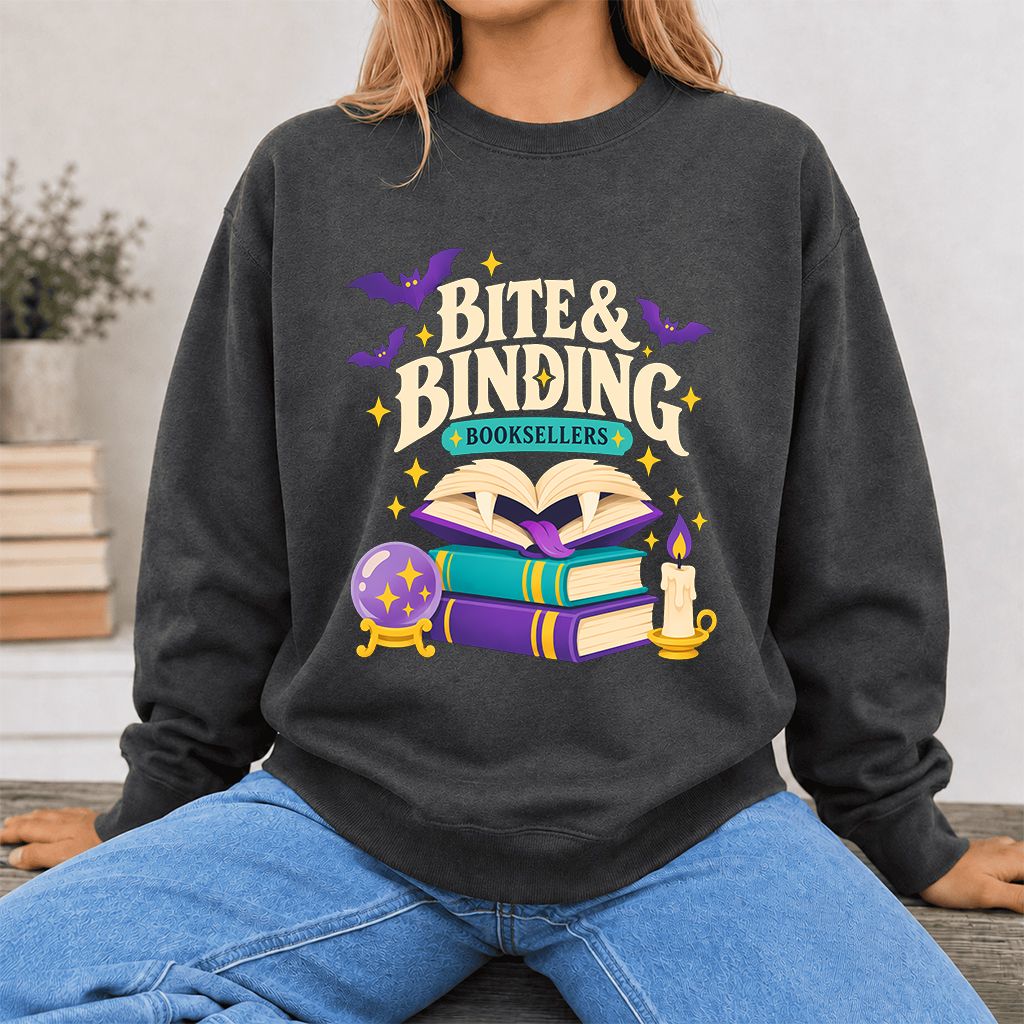 Bite & Binding Booksellers Printed Sweatshirt | Fantasy Reader Gift Dark Heather