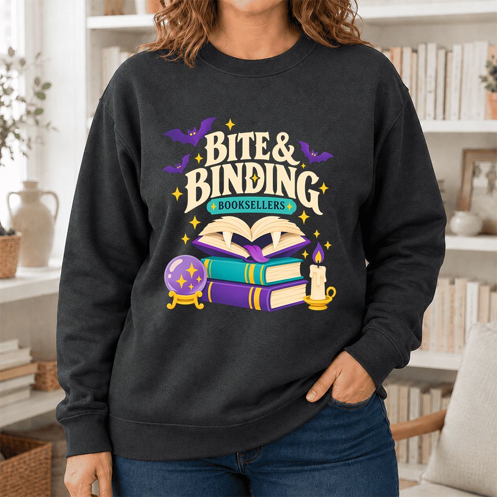 Bite & Binding Booksellers Printed Sweatshirt | Fantasy Reader Gift Dark Heather