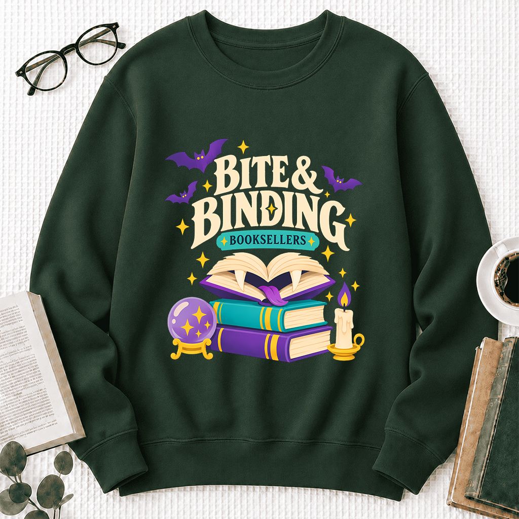 Bite & Binding Booksellers Printed Sweatshirt | Fantasy Reader Gift Forest Green