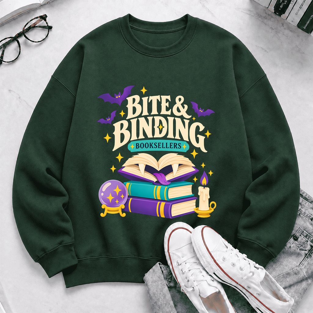 Bite & Binding Booksellers Printed Sweatshirt | Fantasy Reader Gift Forest Green