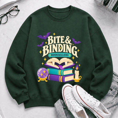 Bite & Binding Booksellers Printed Sweatshirt | Fantasy Reader Gift Forest Green
