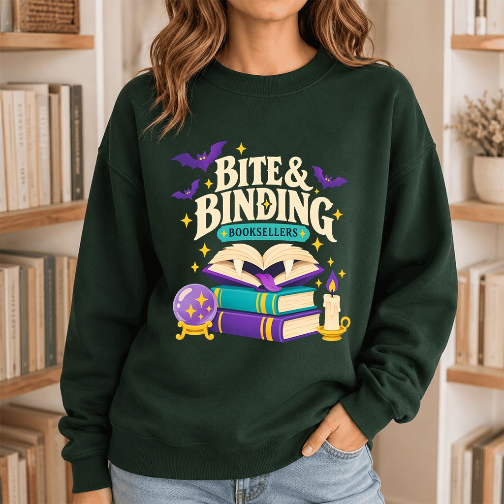 Bite & Binding Booksellers Printed Sweatshirt | Fantasy Reader Gift Forest Green