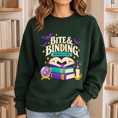 Bite & Binding Booksellers Printed Sweatshirt | Fantasy Reader Gift Forest Green