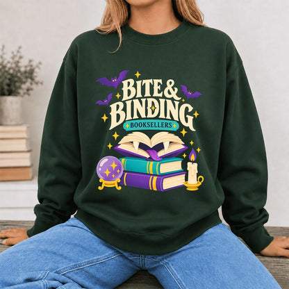 Bite & Binding Booksellers Printed Sweatshirt | Fantasy Reader Gift Forest Green