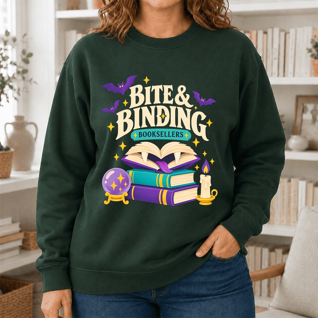 Bite & Binding Booksellers Printed Sweatshirt | Fantasy Reader Gift Forest Green