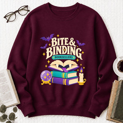Bite & Binding Booksellers Printed Sweatshirt | Fantasy Reader Gift Maroon