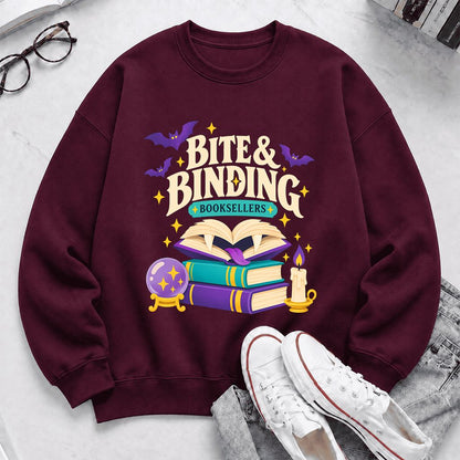 Bite & Binding Booksellers Printed Sweatshirt | Fantasy Reader Gift Maroon