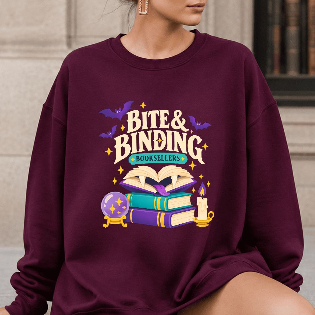 Bite & Binding Booksellers Printed Sweatshirt | Fantasy Reader Gift Maroon