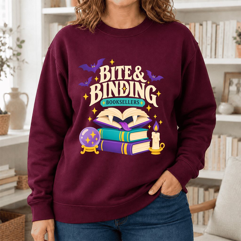 Bite & Binding Booksellers Printed Sweatshirt | Fantasy Reader Gift Maroon
