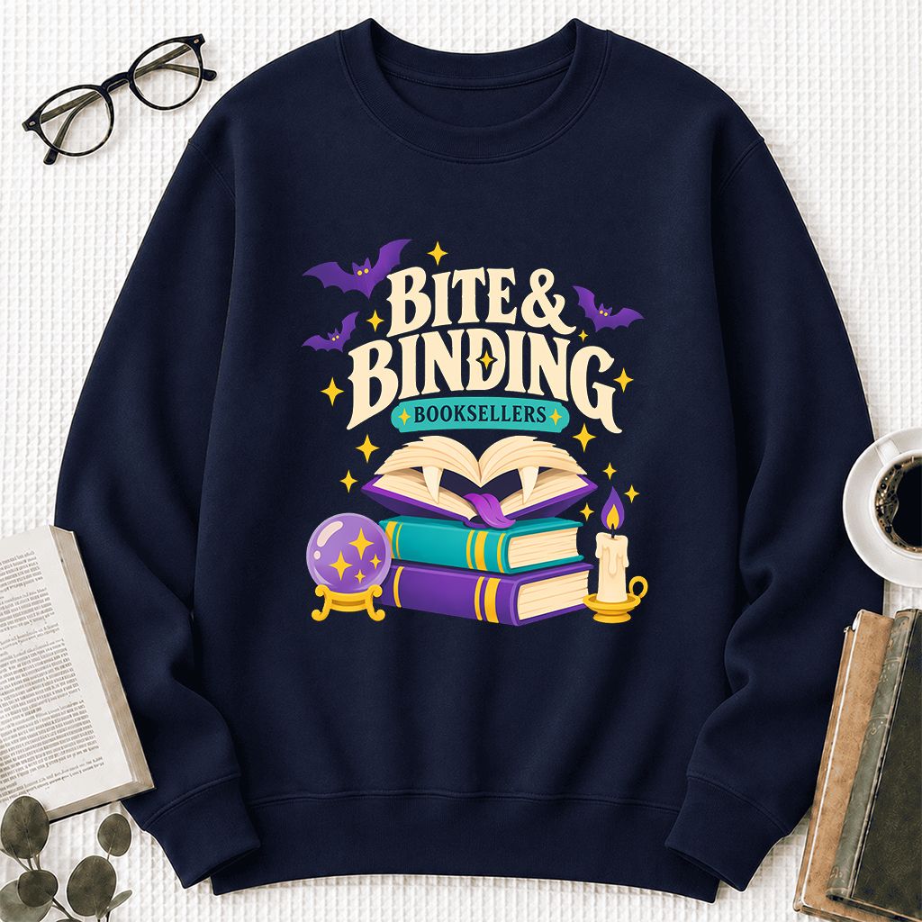 Bite & Binding Booksellers Printed Sweatshirt | Fantasy Reader Gift Navy
