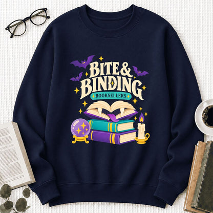 Bite & Binding Booksellers Printed Sweatshirt | Fantasy Reader Gift Navy