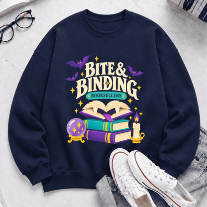Bite & Binding Booksellers Printed Sweatshirt | Fantasy Reader Gift Navy