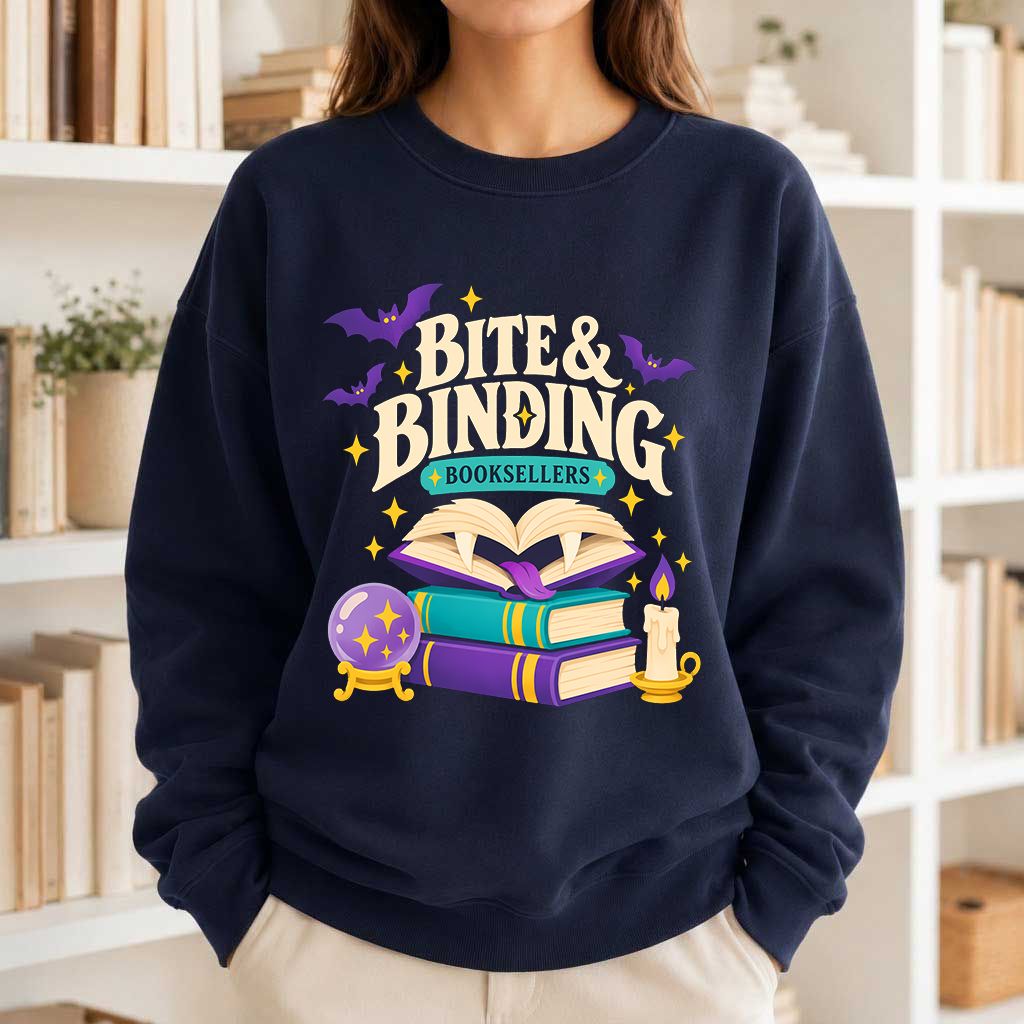 Bite & Binding Booksellers Printed Sweatshirt | Fantasy Reader Gift Navy