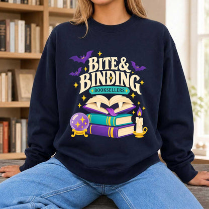 Bite & Binding Booksellers Printed Sweatshirt | Fantasy Reader Gift Navy