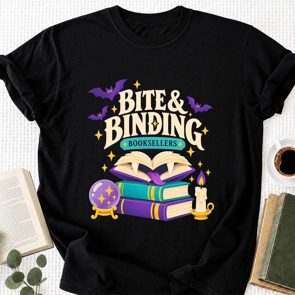 Bite & Binding Booksellers Printed T-Shirt | Fantasy Reader Gift Black