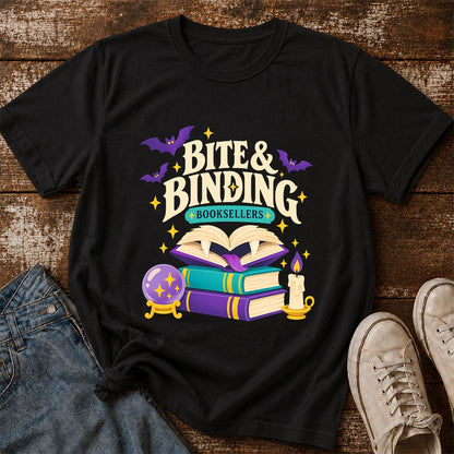 Bite & Binding Booksellers Printed T-Shirt | Fantasy Reader Gift Black