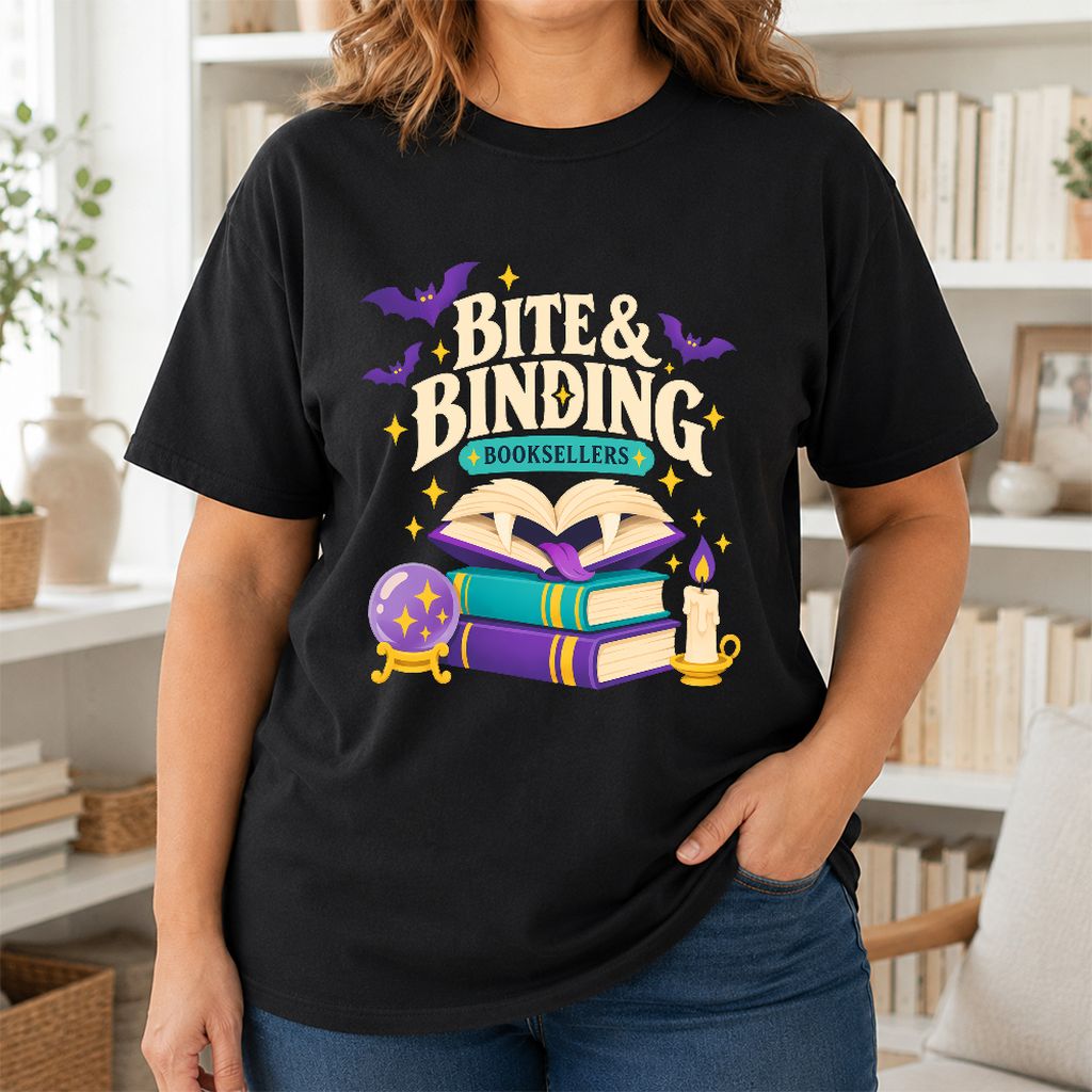 Bite & Binding Booksellers Printed T-Shirt | Fantasy Reader Gift Black