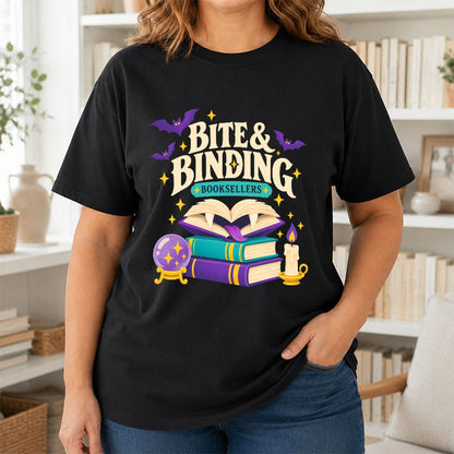 Bite & Binding Booksellers Printed T-Shirt | Fantasy Reader Gift Black