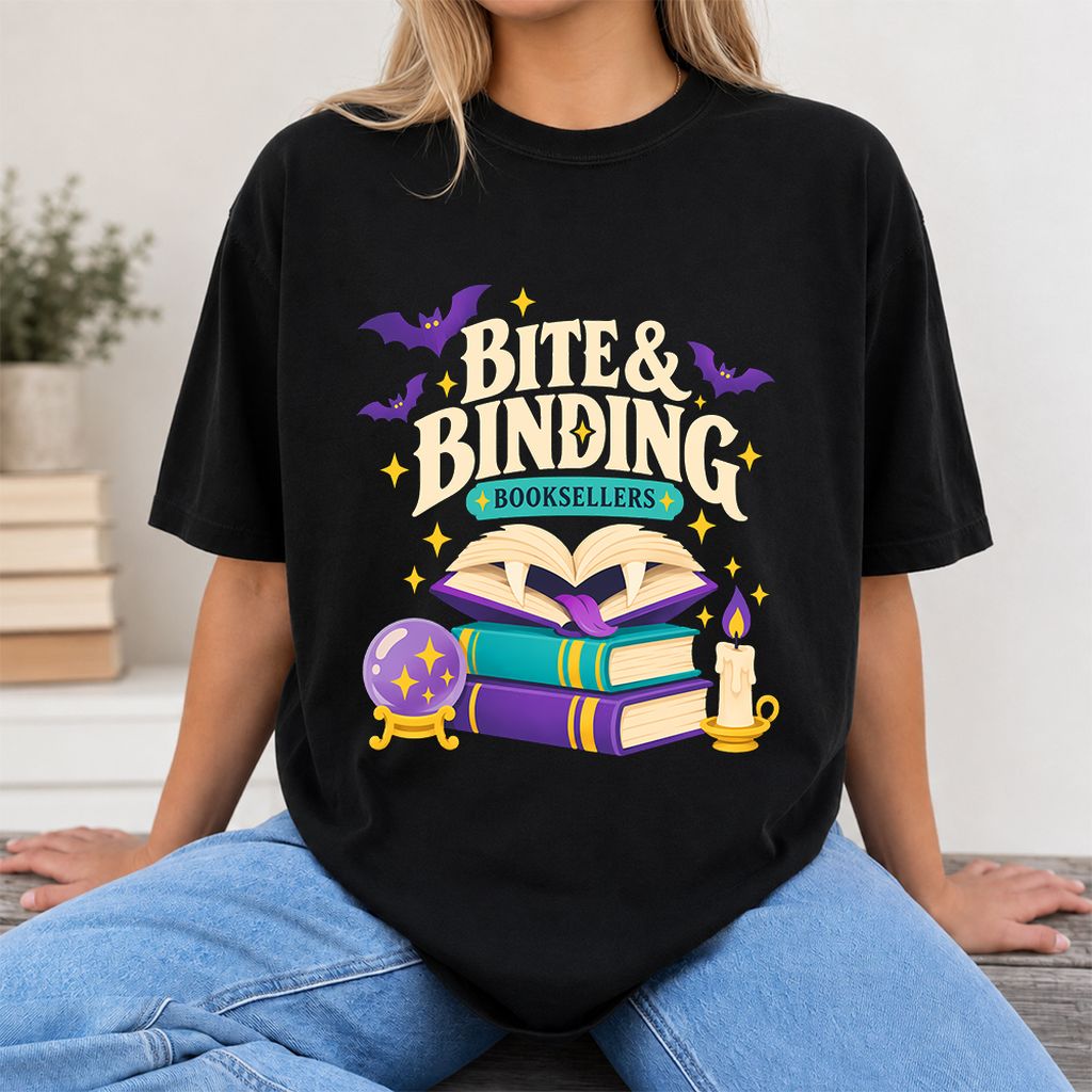 Bite & Binding Booksellers Printed T-Shirt | Fantasy Reader Gift Black