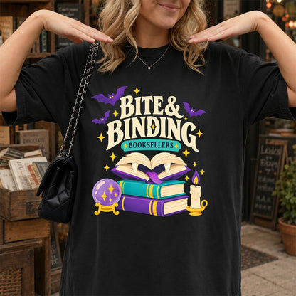 Bite & Binding Booksellers Printed T-Shirt | Fantasy Reader Gift Black