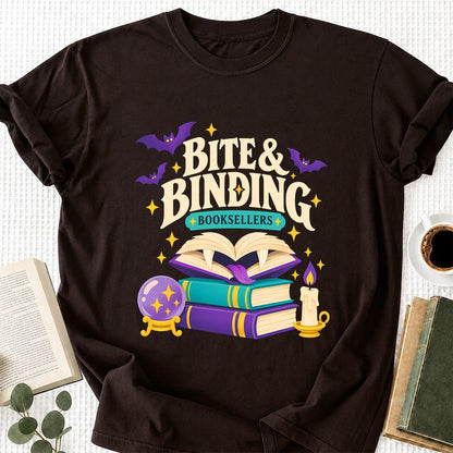 Bite & Binding Booksellers Printed T-Shirt | Fantasy Reader Gift Dark Chocolate