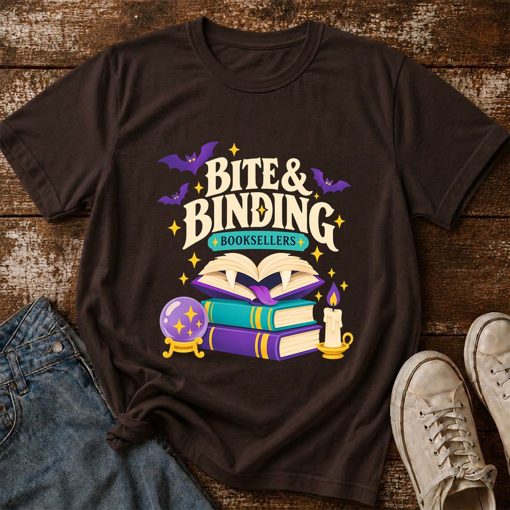 Bite & Binding Booksellers Printed T-Shirt | Fantasy Reader Gift Dark Chocolate