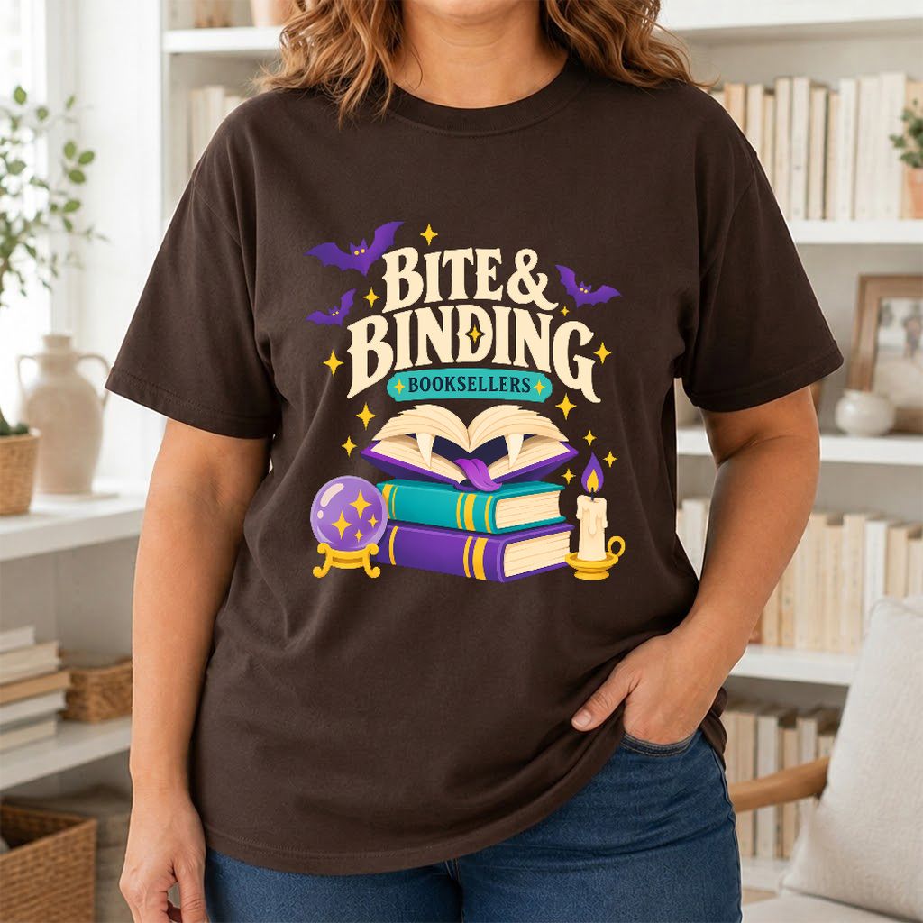 Bite & Binding Booksellers Printed T-Shirt | Fantasy Reader Gift Dark Chocolate