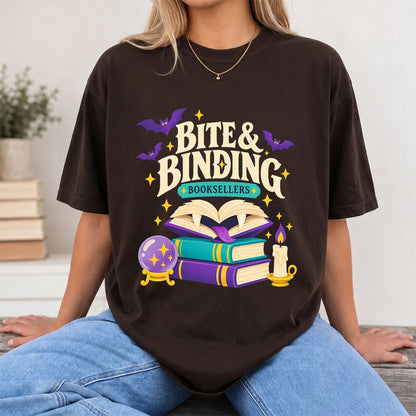 Bite & Binding Booksellers Printed T-Shirt | Fantasy Reader Gift Dark Chocolate