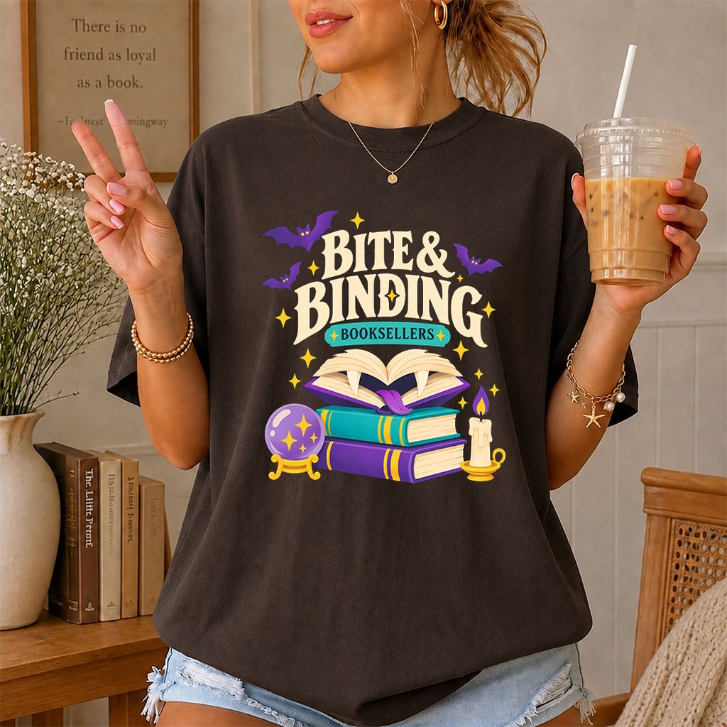 Bite & Binding Booksellers Printed T-Shirt | Fantasy Reader Gift Dark Chocolate
