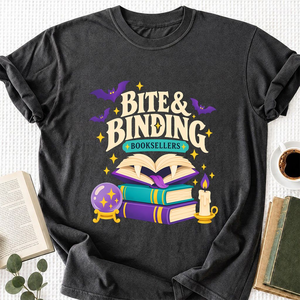 Bite & Binding Booksellers Printed T-Shirt | Fantasy Reader Gift Dark Heather