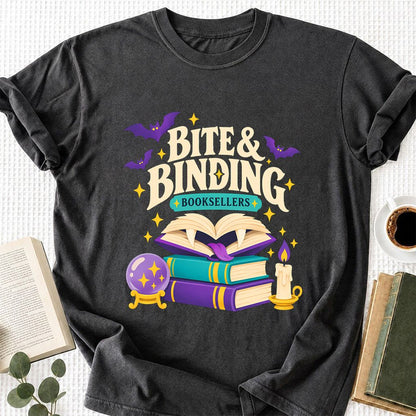 Bite & Binding Booksellers Printed T-Shirt | Fantasy Reader Gift Dark Heather