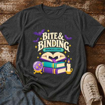 Bite & Binding Booksellers Printed T-Shirt | Fantasy Reader Gift Dark Heather