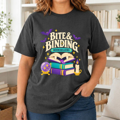Bite & Binding Booksellers Printed T-Shirt | Fantasy Reader Gift Dark Heather