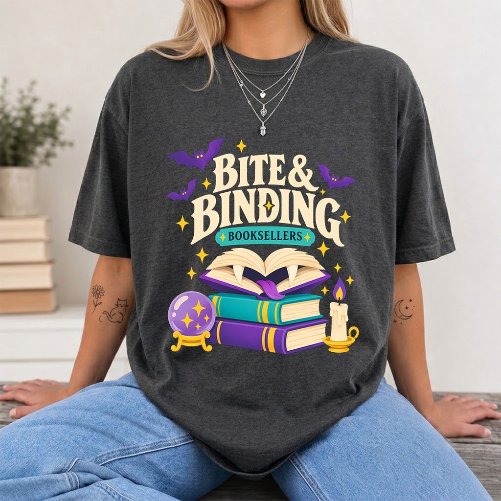 Bite & Binding Booksellers Printed T-Shirt | Fantasy Reader Gift Dark Heather