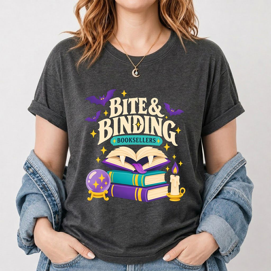 Bite & Binding Booksellers Printed T-Shirt | Fantasy Reader Gift Dark Heather