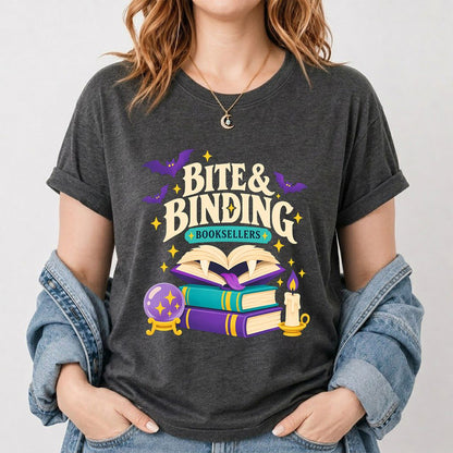 Bite & Binding Booksellers Printed T-Shirt | Fantasy Reader Gift Dark Heather