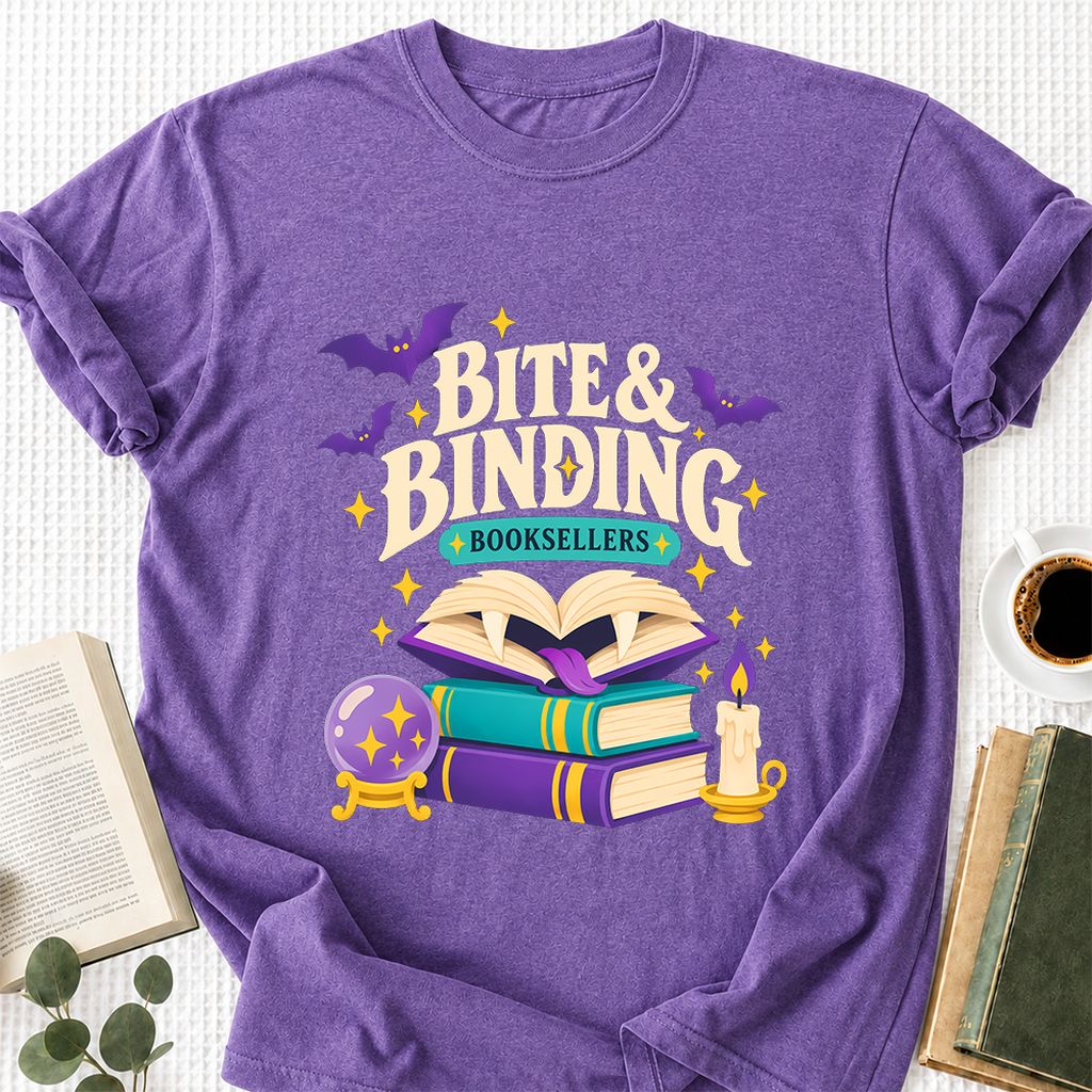 Bite & Binding Booksellers Printed T-Shirt | Fantasy Reader Gift Heather Purple