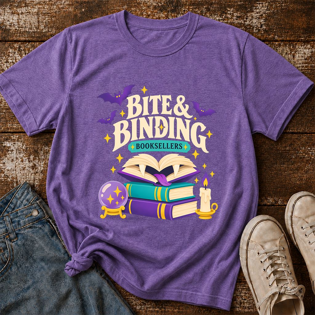 Bite & Binding Booksellers Printed T-Shirt | Fantasy Reader Gift Heather Purple
