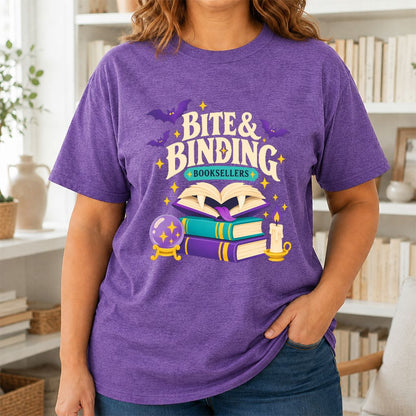 Bite & Binding Booksellers Printed T-Shirt | Fantasy Reader Gift Heather Purple