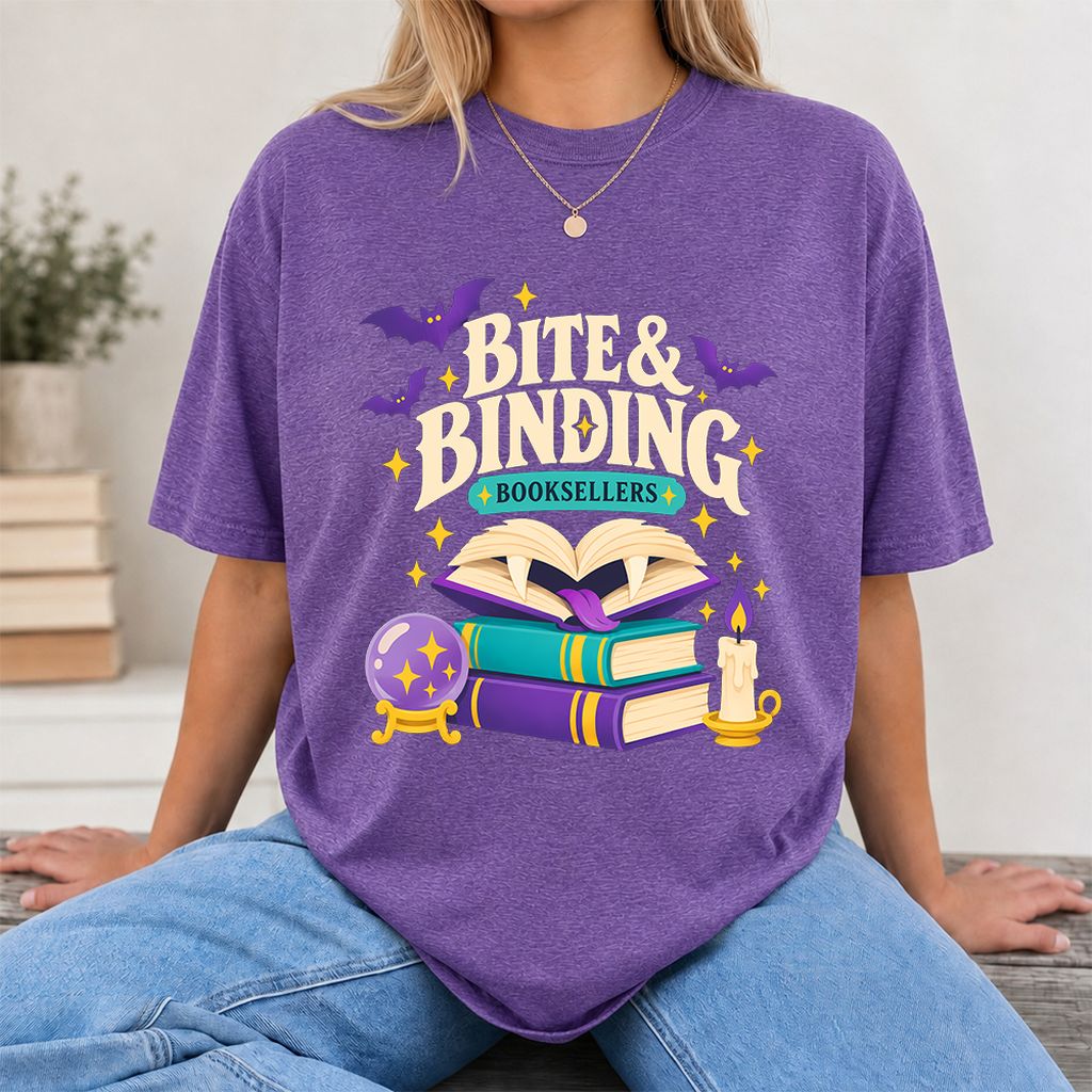 Bite & Binding Booksellers Printed T-Shirt | Fantasy Reader Gift Heather Purple