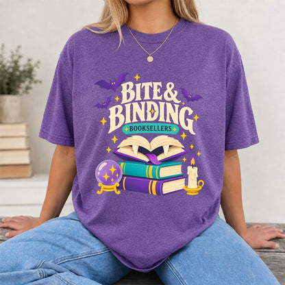 Bite & Binding Booksellers Printed T-Shirt | Fantasy Reader Gift Heather Purple
