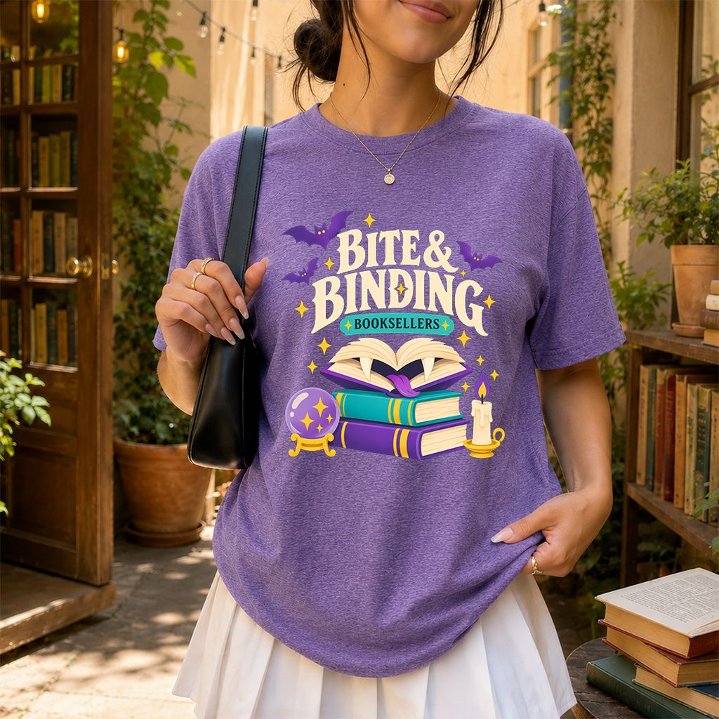 Bite & Binding Booksellers Printed T-Shirt | Fantasy Reader Gift Heather Purple