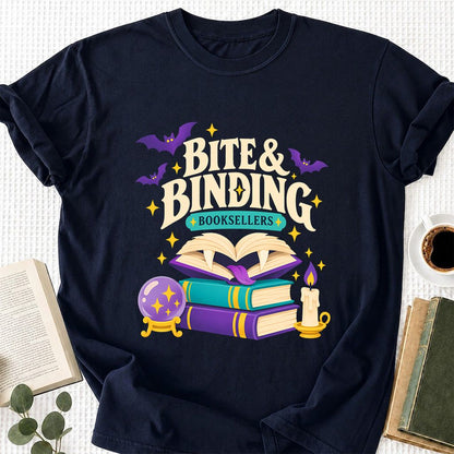 Bite & Binding Booksellers Printed T-Shirt | Fantasy Reader Gift Navy
